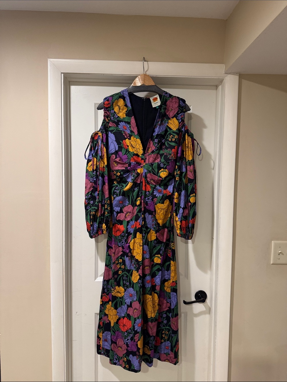 FARM Rio for Anthro Black Floral Long Sleeve Midi Dress with Open Shoulders